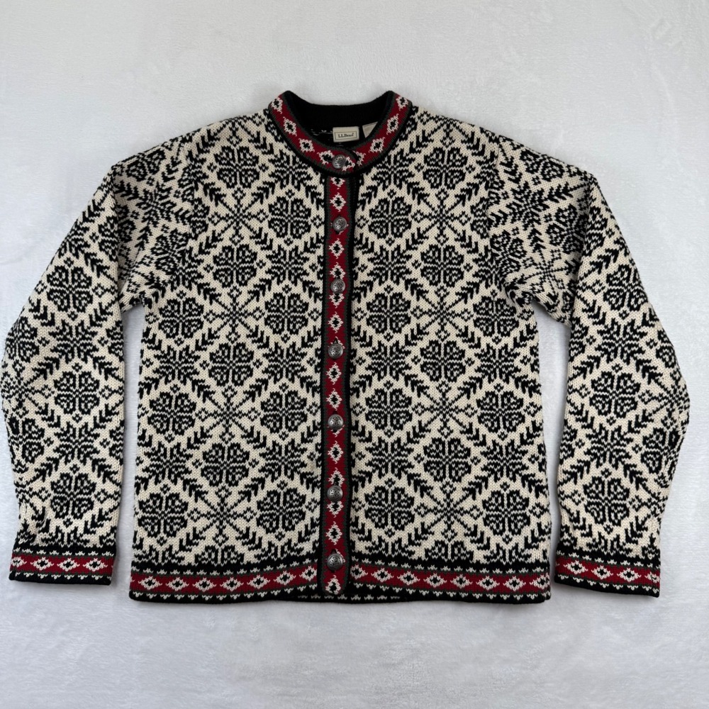 LL Bean Small Fair Isle Cardigan Sweater Cotton Nordic Black Red‎ Cream READ